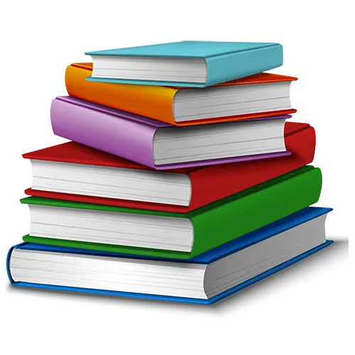 Pilha com seis livros coloridos de capa dura dispostos de forma ligeiramente inclinada sobre um fundo branco, sugerindo organização e conhecimento. Sem texto visível. A imagem transmite uma sensação de criatividade e aprendizado.