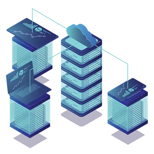 Ilustração estilizada de quatro pilhas de servidores conectadas a um servidor central em nuvem, cada uma com painéis digitais exibindo gráficos e tabelas. O ambiente é limpo e moderno, sugerindo tecnologia avançada e gerenciamento de dados confiável. Sem texto visível. O tom é profissional e confiável.