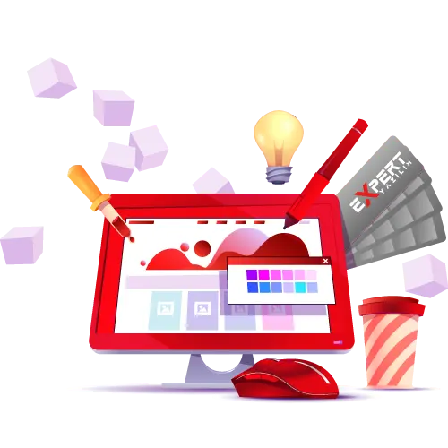Monitor vermelho exibindo uma interface colorida de design de site com uma paleta de cores, cercada por uma lâmpada, um mouse, uma xícara de café e uma mesa digitalizadora com a inscrição Expert. A cena transmite criatividade, expertise e um ambiente de trabalho digital moderno. Nenhum texto visível, exceto a palavra Expert na mesa digitalizadora. O clima geral é profissional e inovador.